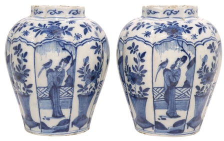 (2) DUTCH DELFT BLUE & WHITE CHINOISERIE RIBBED VASES