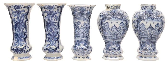 (5) DUTCH DELFT BLUE & WHITE FIVE-PIECE VASE GARNITURE SET