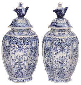 (2) DUTCH DELFT BLUE & WHITE RIBBED OCTAGONAL 'POTICHE' COVERED VASES