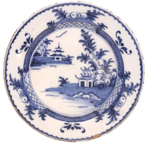 ENGLISH DELFT BLUE & WHITE CHINOISERIE CHARGER