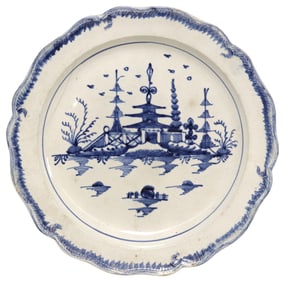 ENGLISH DELFT BLUE & WHITE CHINOISERIE PAGODA PLATE