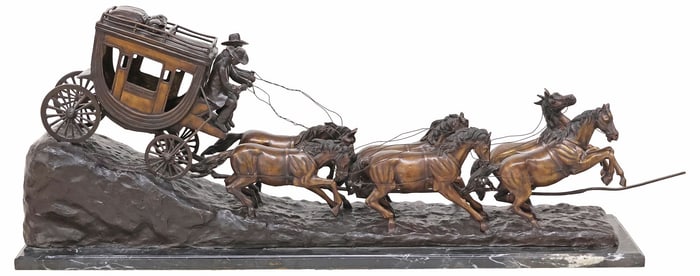 AFTER C.M. RUSSELL, LARGE WESTERN BRONZE STAGECOACH SCULPTURE, 57"L