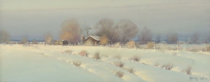 G. HARVEY (TEXAS, 1933-2017) OIL PAINTING, 'PANHANDLE SNOW,' 12" X 30"