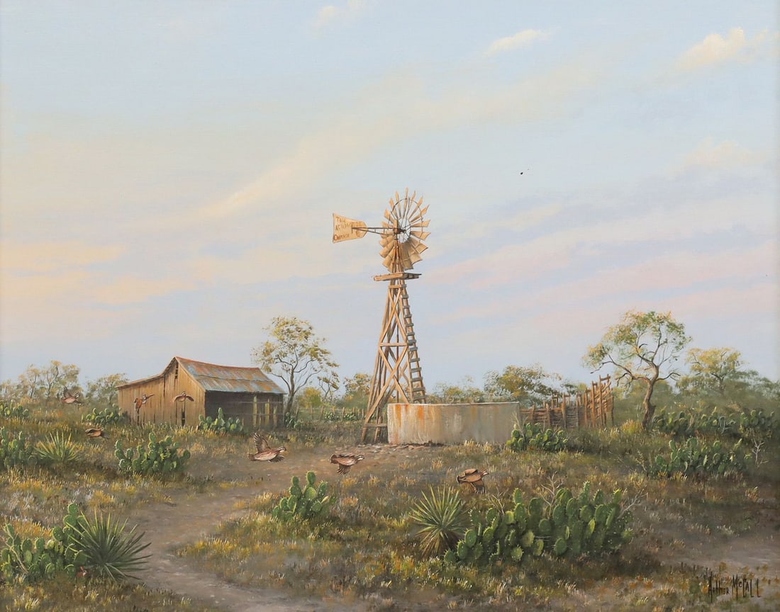 ARTHUR MCCALL (TEXAS, 20TH C.) PAINTING, RANCH SCENE WITH WINDMILL (1 of 5)