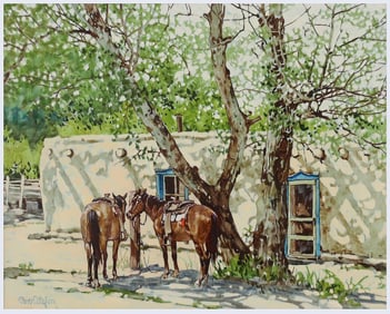 ROSS STEFAN (1934-1999) OIL PAINTING PUEBLO & HORSES, 16" X 20"