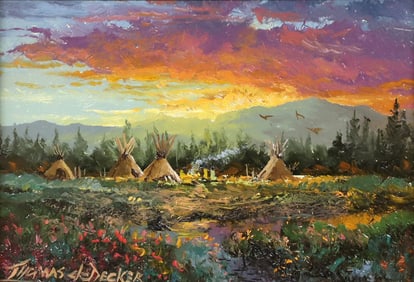THOMAS deDECKER (B.1951) OIL PAINTING INDIAN ENCAMPMENT, 5" X 7"