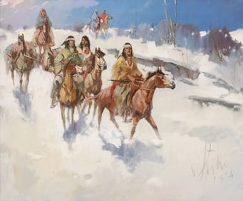 VLADAN STIHA (1908-1992) PAINTING, NATIVE AMERICAN RIDERS IN WINTER