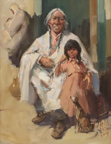 VLADAN STIHA (1908-1992) PAINTING, NATIVE AMERICAN ELDER & CHILD