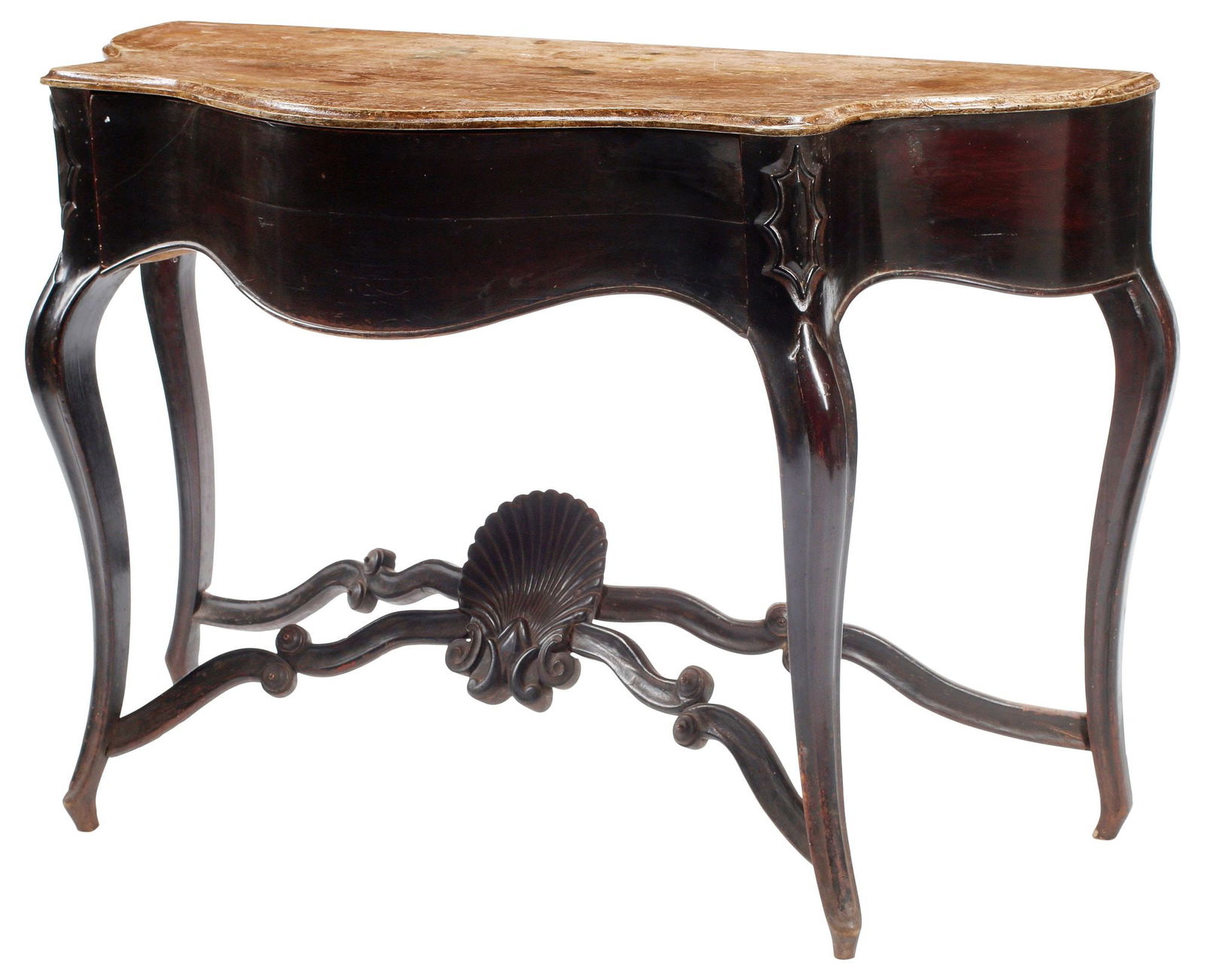 GEORGE III PAINTED & MAHOGANY CONSOLE TABLE: British George III mahogany console table, possibly Irish, 18th c., scrumble painted top, curved apron concealing a large drawer, cabriole legs joined by x-form cross stretcher, centered by a large sh
