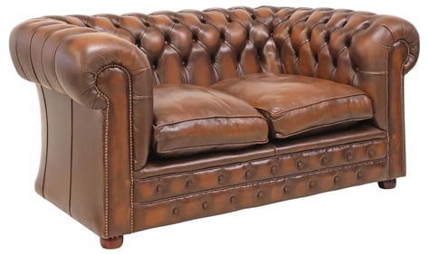 ENGLISH BROWN BUTTONED-LEATHER CHESTERFIELD TWO-SEAT SOFA
