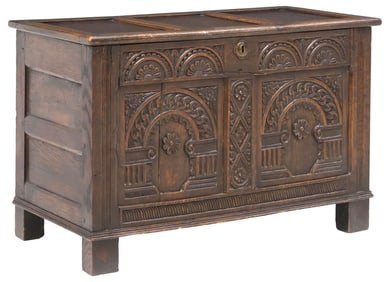 ENGLISH JACOBEAN STYLE CARVED OAK COFFER/ STORAGE CHEST