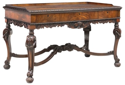 FINE ENGLISH EDWARDIAN FIGURED WALNUT LIBRARY TABLE