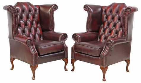 (2) ENGLISH QUEEN ANNE STYLE OXBLOOD LEATHER WINGBACK ARMCHAIRS