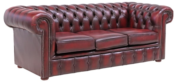 ENGLISH CHESTERFIELD STYLE TUFTED OXBLOOD LEATHER SOFA
