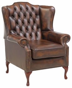 ENGLISH QUEEN ANNE STYLE BUTTONED BROWN LEATHER WINGBACK ARMCHAIR