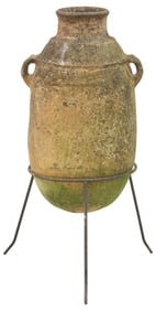 (2) LARGE SPANISH TERRACOTTA OLIVE JAR IN IRON STAND, 36.5"H