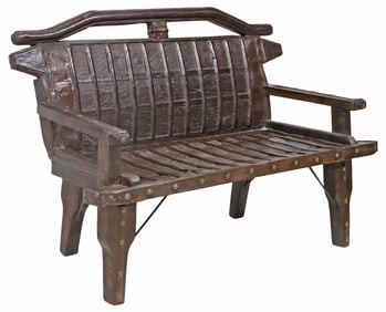 LARGE IRON-MOUNTED TEAK OX CART BENCH, INDIA