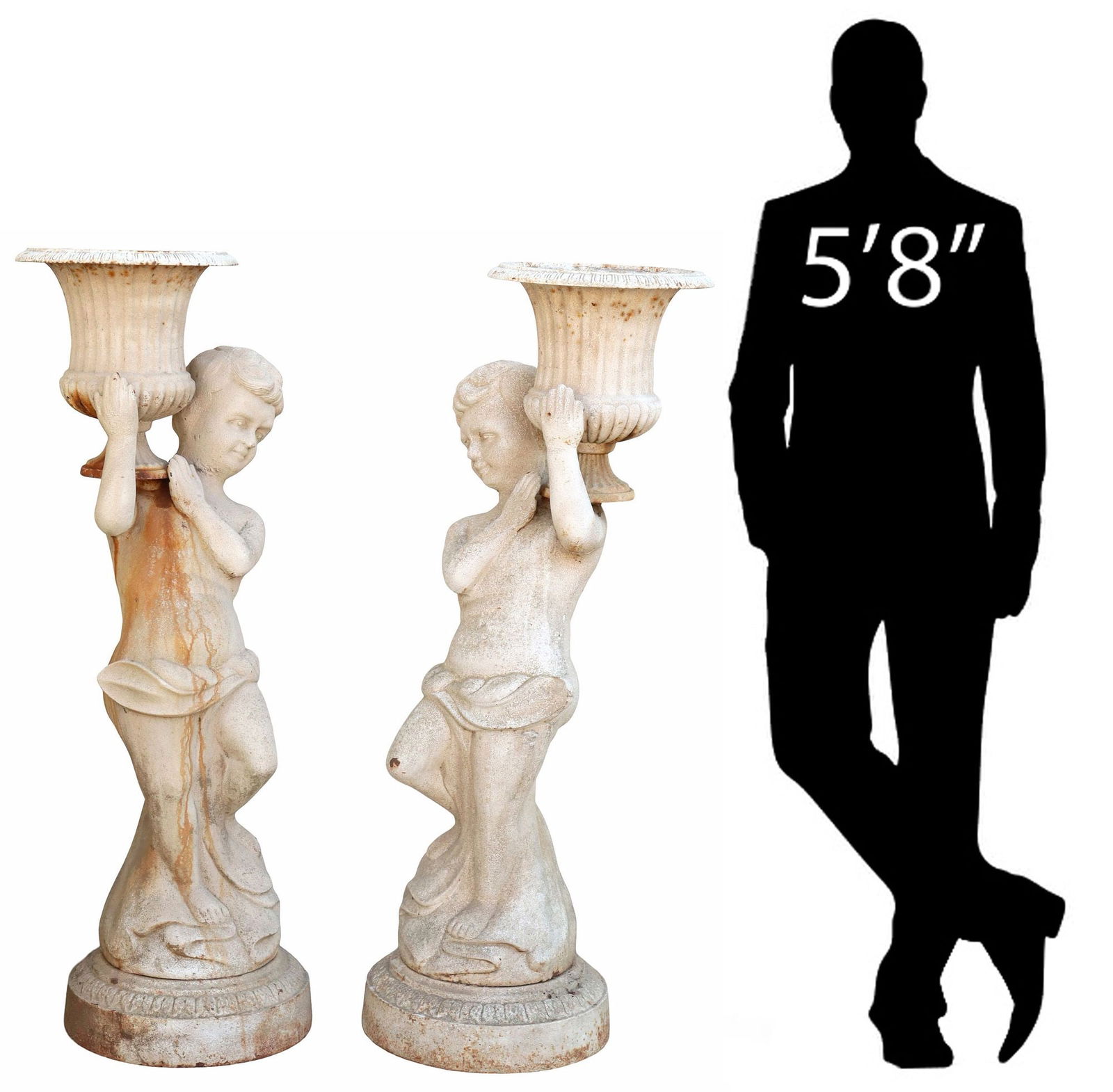 (2) CAST IRON FIGURAL PUTTO WITH URN GARDEN PLANTERS, 52"H (1 of 4)
