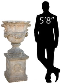 ENGLISH CARVED STONE GARDEN URN ON CAST PLINTH, 54"H