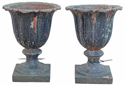 (2) BLACK PAINTED CAST IRON FLUTED GARDEN URNS, 23"H