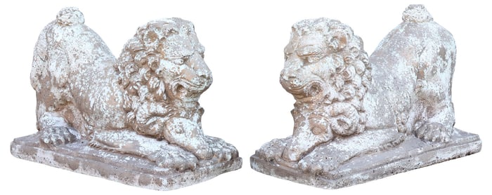 (2) CAST STONE GARDEN STATUARY, RECUMBENT LION WITH RAM'S HEAD