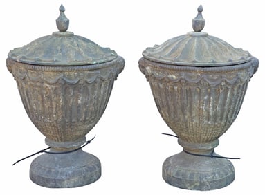 (2) NEOCLASSICAL STYLE CAST IRON FLUTED GARDEN URNS & COVERS