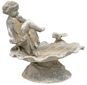 ENGLISH VICTORIAN FIGURAL PUTTO LEAD GARDEN BIRD BATH