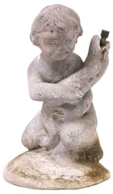 CAST LEAD FIGURAL GARDEN FOUNTAIN, PUTTO WITH FISH