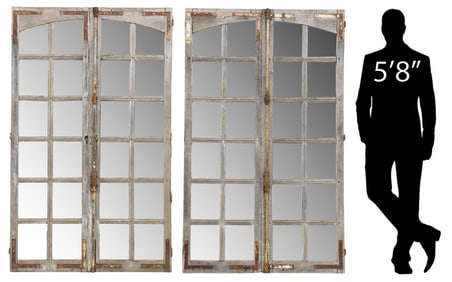 (2) RUSTIC ARCHITECTURAL PANELED OAK WINDOW-FRAMED MIRRORS, 70.5"H