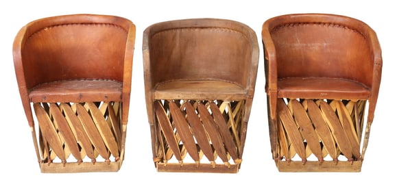 (3) BARREL-BACK LEATHER & CEDAR EQUIPALE ARMCHAIRS, MEXICO