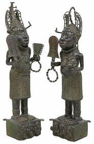 (2) LARGE WEST AFRICAN BRONZE SCULPTURES OBA OF BENIN, 43"H