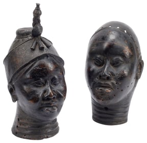 (2) LARGE WEST AFRICAN PATINATED BRONZE HEADS, LIKELY BENIN, 16"H