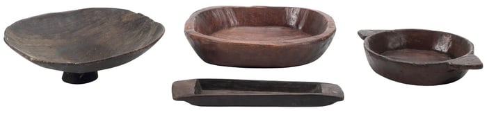 (4) AFRICAN CARVED HARDWOOD TABLEWARE, BOWLS, POT & TRAY