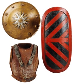 (3) DECORATIVE BATTLE ITEMS, CUIRASS ARMOR & 2 SHIELDS
