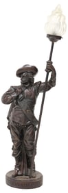 LARGE CAST COMPOSITE FIGURAL 'CAVALIER' NEWEL POST LAMP