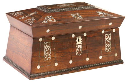 ENGLISH REGENCY ROSEWOOD & MOTHER-OF-PEARL TEA CADDY