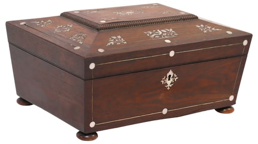 ENGLISH REGENCY BRASS & MOTHER-OF-PEARL INLAID ROSEWOOD SEWING BOX