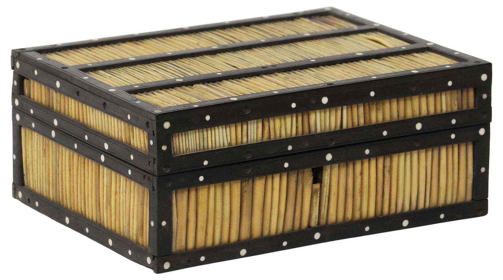 ANGLO-INDIAN INLAID PORCUPINE QUILL TABLE BOX: Anglo-Indian porcupine quill table box, late 19th c., of rectangular form, hinged top enclosing an open interior, inlaid bone accents, approx 3.5"h, 8"w, 6"d, 1.75lbs