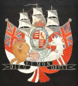 BRITISH NAVAL ROYAL COAT OF ARMS SOUVENIR SILK EMBROIDERED NEEDLEWORK