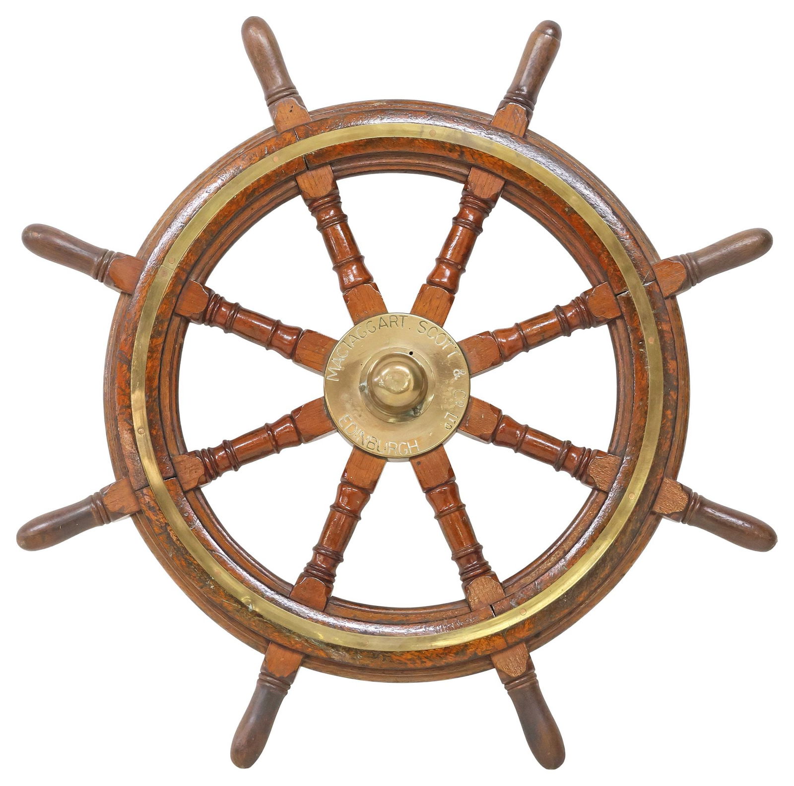 MacTAGGART SCOTT & CO. BRASS-BOUND TEAK SHIP'S WHEEL (1 of 3)