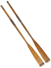 (2) VINTAGE ENGLISH CARVED WOOD & LEATHER BOAT OARS