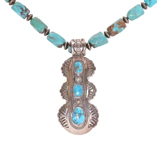 LEONARD CHEE NAVAJO STERLING & TURQUOISE PENDANT & NECKLACE