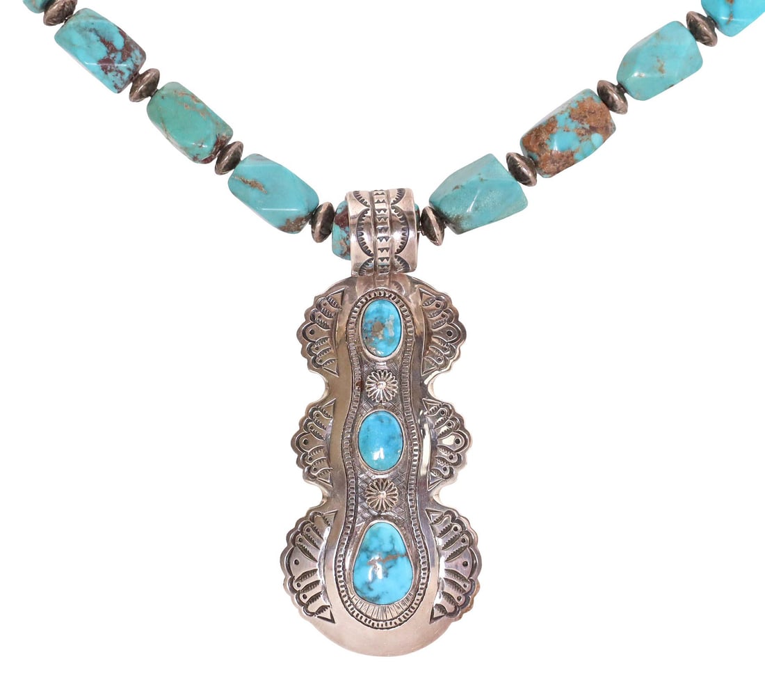 LEONARD CHEE NAVAJO STERLING & TURQUOISE PENDANT & NECKLACE (1 of 6)