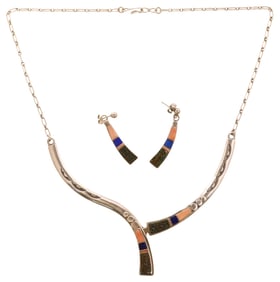 (2) ANTONIO YAZZIE (20TH C.) MULTI-STONE INLAID STERLING JEWELRY SUITE