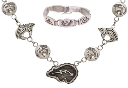 (2) NATIVE AMERICAN STERLING SILVER OVERLAY BEAR BRACELET & NECKLACE