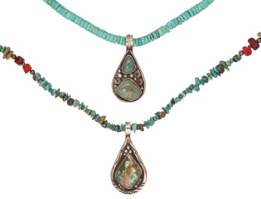 (2) SOUTHWEST STERLING SILVER & TURQUOISE PENDANT NECKLACES