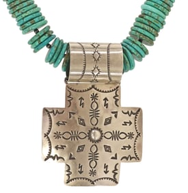 SOUTHWEST STERLING & TURQUOISE BEADED PENDANT NECKLACE
