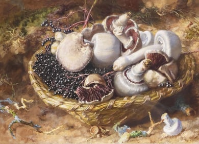 JABEZ BLIGH (19TH C.) WATERCOLOR BASKET OF MUSHROOMS