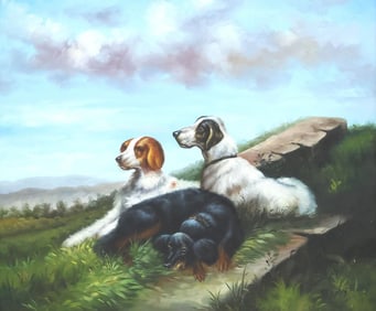 BRITISH SCHOOL OIL PAINTING OF HUNTING DOGS, SIGNED G. ROY