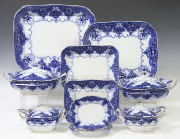 (12) ENGLISH PORCELAIN FLOW BLUE TUREENS & SERVICE PLATTERS